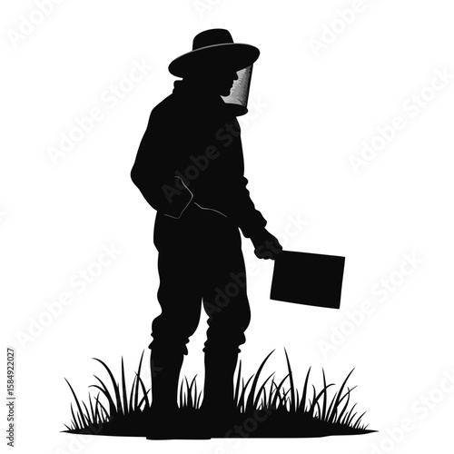 Beekeeper in protective suit holding a frame in grass veil gloves