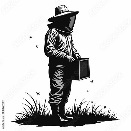 Beekeeper in protective suit holding box surrounded by bees veil