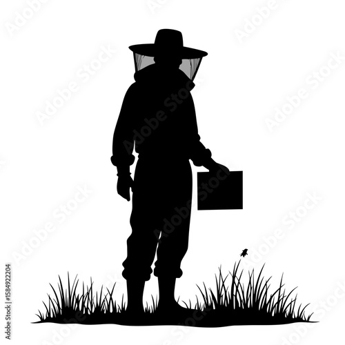 Beekeeper in protective suit holding equipment near grass with bee beekeeping veil