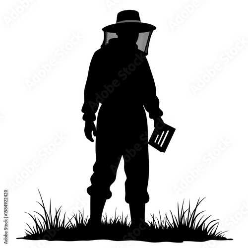 Beekeeper in protective suit holding tool in grassy field veil gloves