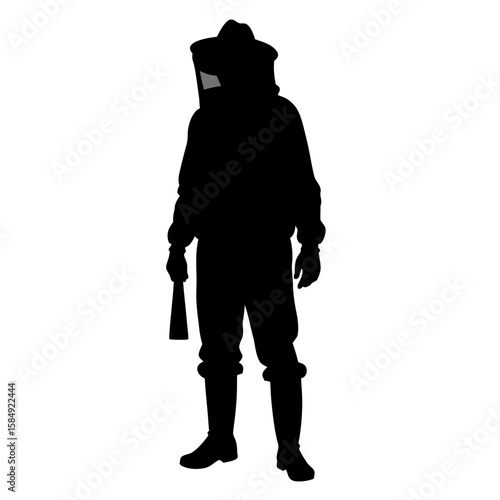 Beekeeper in protective suit holding tool veil gloves