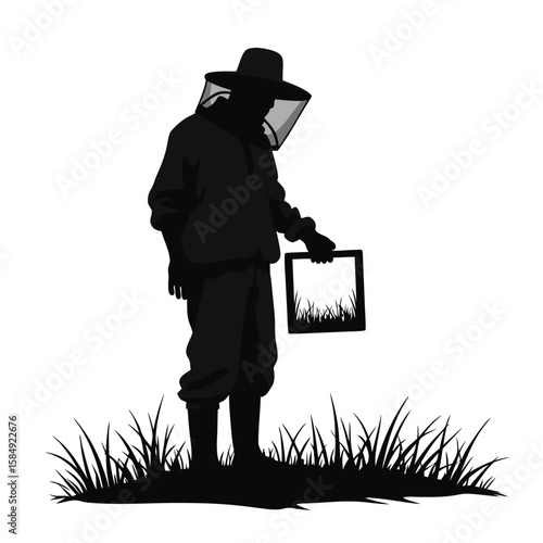 Beekeeper silhouette holding frame with grass protective suit