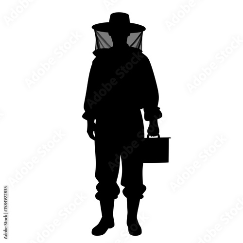 Beekeeper silhouette wearing protective suit and holding equipment veil