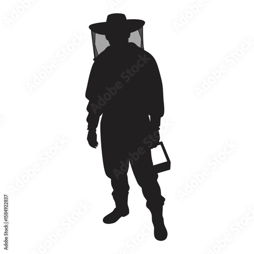 Beekeeper silhouette wearing protective suit and hat veil