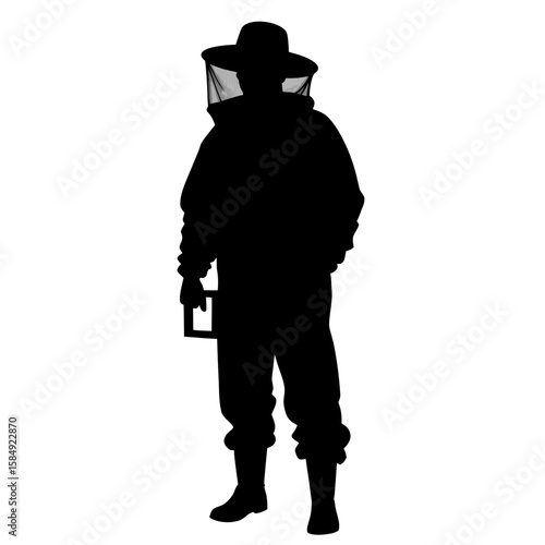 Beekeeper silhouette wearing protective suit and hat veil