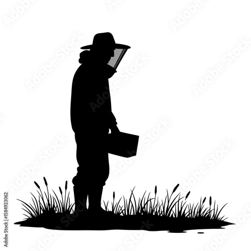 Beekeeper silhouette with protective gear and equipment apiarist beekeeping