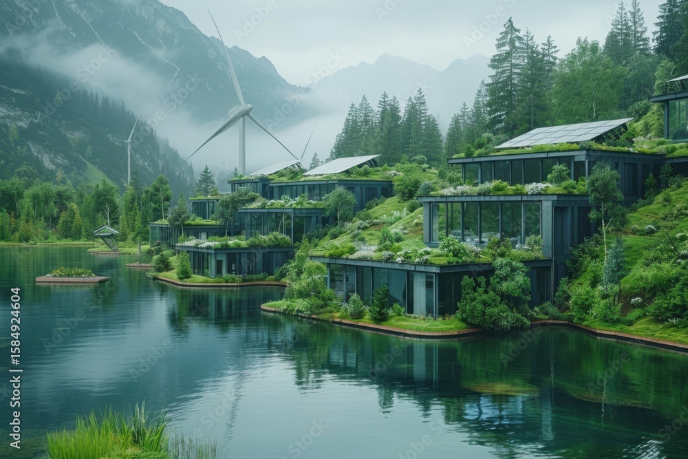 Fototapeta premium Modern eco-lodges by serene lake modern architecture