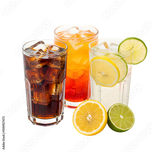 Cups of cola and orange soda, plus lemonade and sparkling water, all on a white background with ice cubes, lemon slices, and lime bits.
