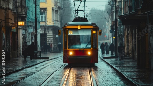 A red and yellow tram travels down a city street on a foggy day.  The street is wet from recent rain, and there are people walking on the sidewalk.