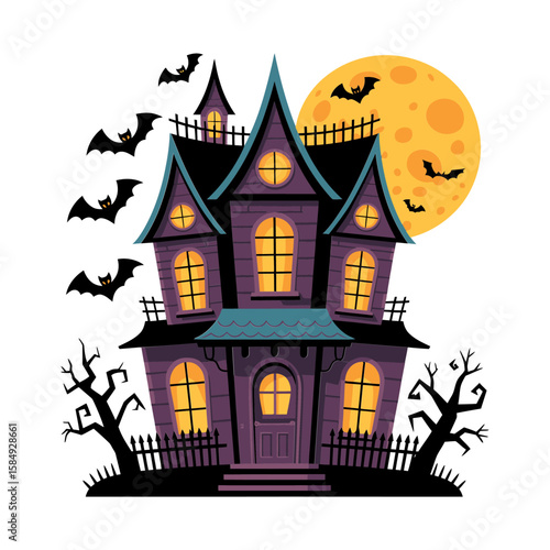 Vector art of a cartoon haunted house with bats flying around isolated on white background