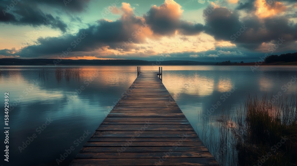 Fototapeta premium A wooden pier extends into a still lake at sunrise, with a dramatic cloudy sky reflecting in the water.