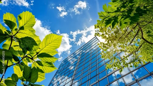 Modern building with lush greenery against a vibrant sky