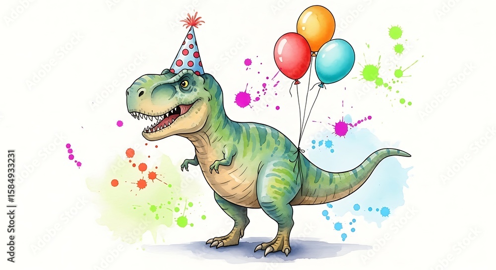 Fototapeta premium Happy tyrannosaurus rex dinosaur wearing a party hat holding balloons