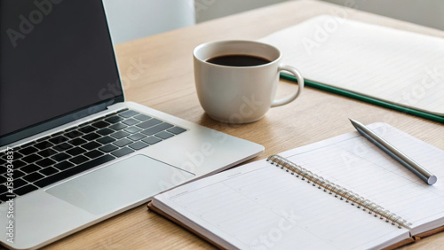 Back to school educator shopping. Open laptop, coffee cup, spiral notebook, pen, and paper wooden desk,kids uniform and backpack,student returning school,new year education ,children in classroom
