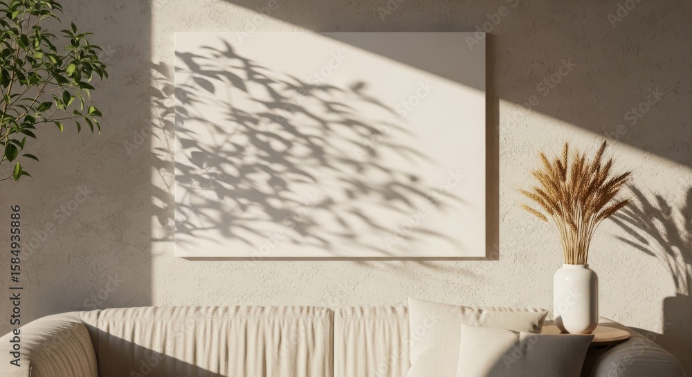 Obraz premium Photo of sunlight casts shadows of leaves on a blank canvas above a modern couch in a living room