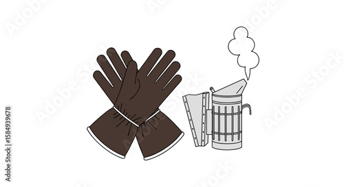 Beekeeping gloves and smoker illustration in brown and white