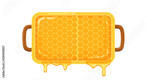 Honeycomb frame with dripping honey illustration in golden tones