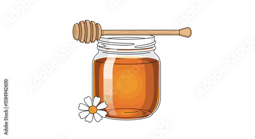  Honey jar with dipper and daisy illustration in warm tones