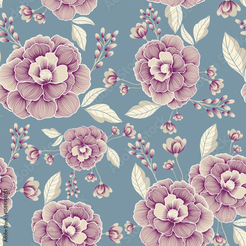  Seamless vintage style floral pattern with purple roses and ivory leaves on a dusty blue background. Ideal for fabric, wallpaper, and elegant packaging.