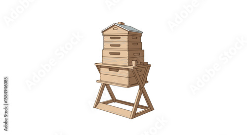 Wooden beehive on stand illustration in brown tones