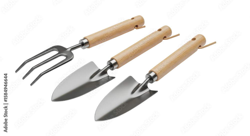 Fototapeta premium Three shiny gardening tools with wooden handles sit ready for spring planting on a stark black backdrop, showcasing spades and a fork, transparent background