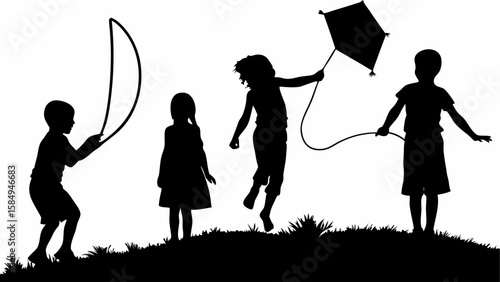 Silhouette of children playing outdoors with a kite and jump rope on a grassy hill having fun time