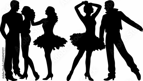 Silhouette of couples dancing, featuring ballroom dancers and ballet performers in elegant poses and attire