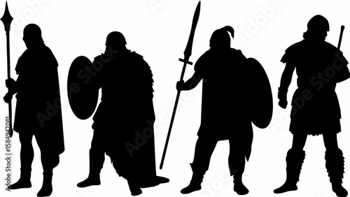 Silhouette illustration of four warriors standing with spears and shields in a row formation view