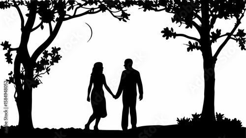 Silhouette of a couple holding hands under trees with a crescent moon in the background at night time