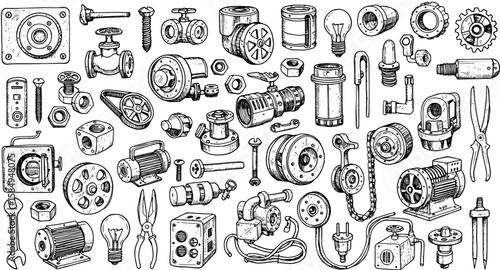 Vintage Hand-drawn Industrial Mechanical Parts, Gears, Valves, Motors, and Tools Sketch