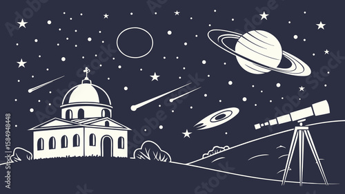 A cartoon spaceship and rocket launch towards the cosmos, while a mysterious UFO flies near a distant planet under a starlit night sky, perfect for an alien travel illustration