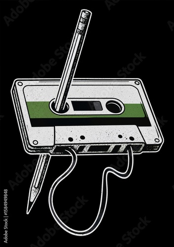 Illustrated Cassette Tape with Pencil on Black Background
