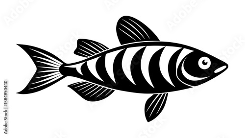 Depicts a sleek black vector silhouette of a zebra danio fish, ideal for aquascaping designs and representing aquatic life with minimalistic elegance.