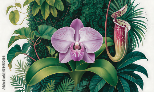 A vibrant botanical illustration showcasing a variety of tropical plants, including an orchid and pitcher plant.