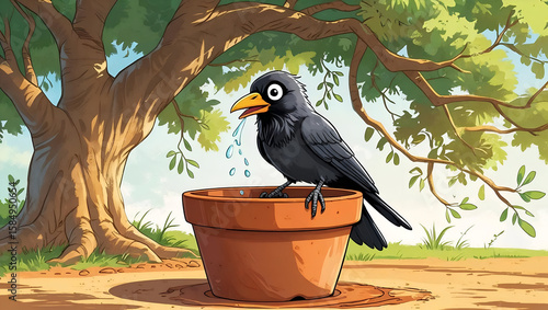 The thirsty crow from Aesop's fable solves a problem, using a pebble to raise the water level in a clay pot to drink.
