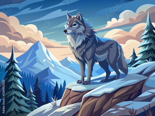 vector of A majestic gray wolf stands on a snowy ridge and stares out into the misty desert...