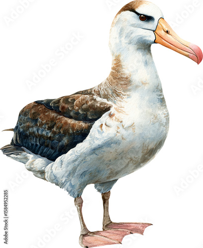 Watercolor painting of a wandering albatross bird standing isolated on transparent background