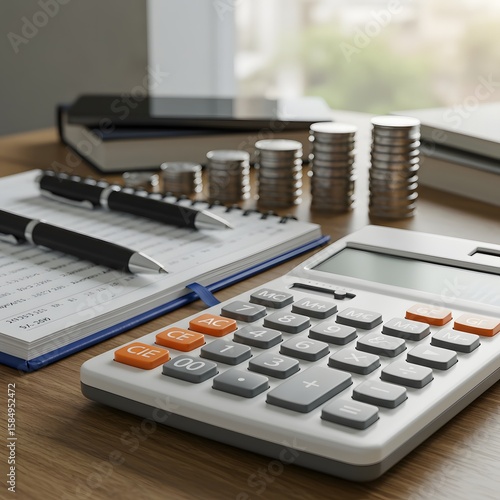 Financial planning with calculator coins pens and notebook on desk
