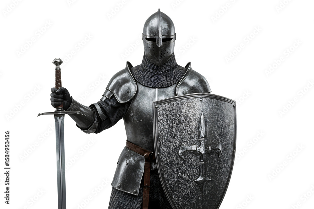 Fototapeta premium Medieval knight, studio, sword, shield, armor, dark background, game asset