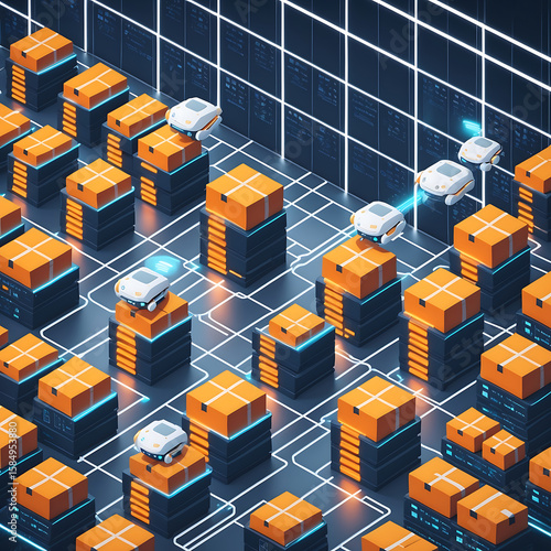 Automated warehouse robots efficiently sort and transport packages through a complex network of storage units.