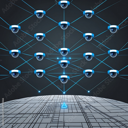 Interconnected security cameras forming a surveillance network above a city map.