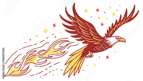 Vibrant vector illustration featuring a tribal phoenix and eagle amidst a floral bird of paradise pattern with fiery orange wings and decorative swirls
