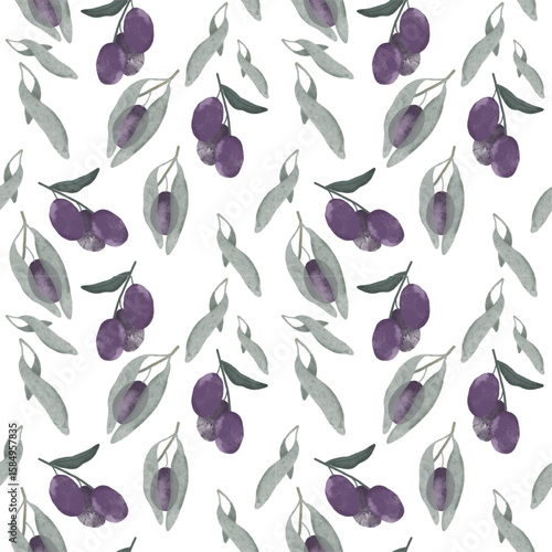 Seamless pattern with olives and leaves of olive tree
