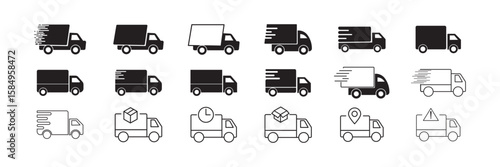 Fast shipping delivery truck icon set. Delivery truck icon set.  Parcel delivery. set of black first shipping delivery truck icon. vector illustration
