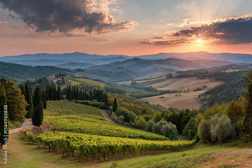 Obraz premium breathtaking sunsets over vineyards during harvest season across various countries showcasing vibrant hues of sky