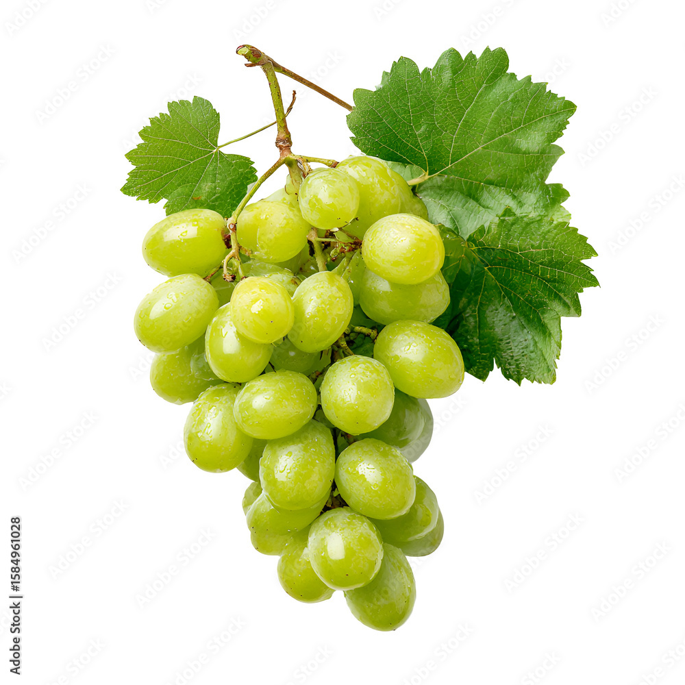 Obraz premium Bunch of Green Grapes with Leaves Isolated on White