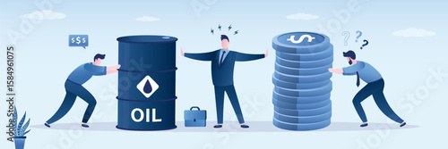 Business partner against buying сrude oil at an inflated price. Businessman or trader pull coins and buys oil. Partner push barrel. Sale of petroleum products and fuels.