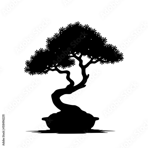 Black silhouette of a curved bonsai tree in a pot white background potted plant