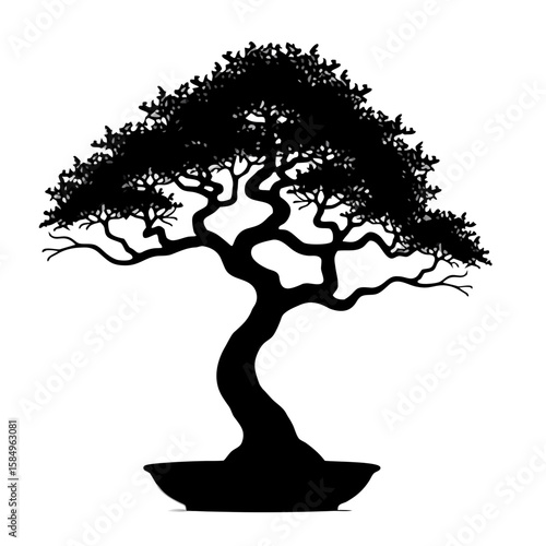 Black silhouette of a stylized bonsai tree in a pot white background potted plant