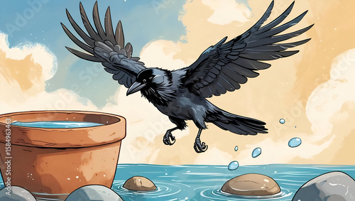 The thirsty crow from Aesop's fable solves a problem, using a pebble to raise the water level in a clay pot to drink.